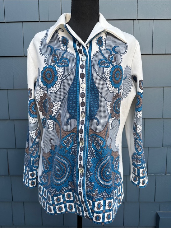 Vintage Tops - Vintage Blue and Brown Floral Button-Down Knit Shirt polyester top blouse